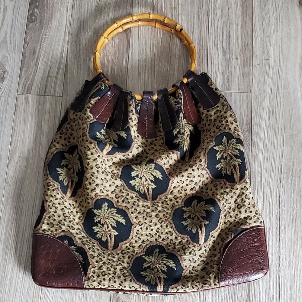 Tommy Bahama Tapestry Handbag, Leopard, Palm Trees Motiff, Dual Bamboo Ring, EUC